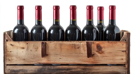 Wooden crate holding eight unlabeled red wine bottles with an open lid isolated on a white background. Perfect for wine-related advertising.