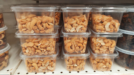 Dried fruits and nuts displayed at the grocery store