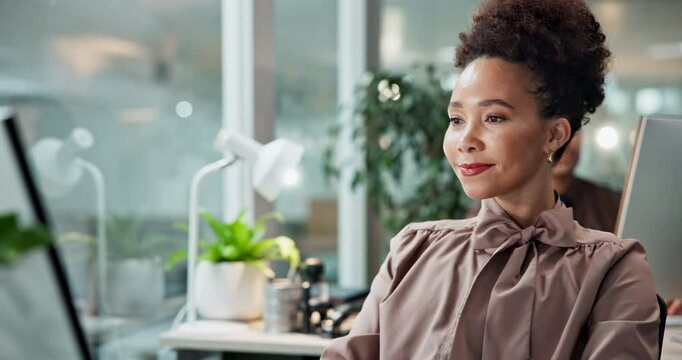 Office, thinking and businesswoman with article ideas or confidence for editing news story. Female person, complete task and proud editor daydreaming with computer, solution and decision in startup
