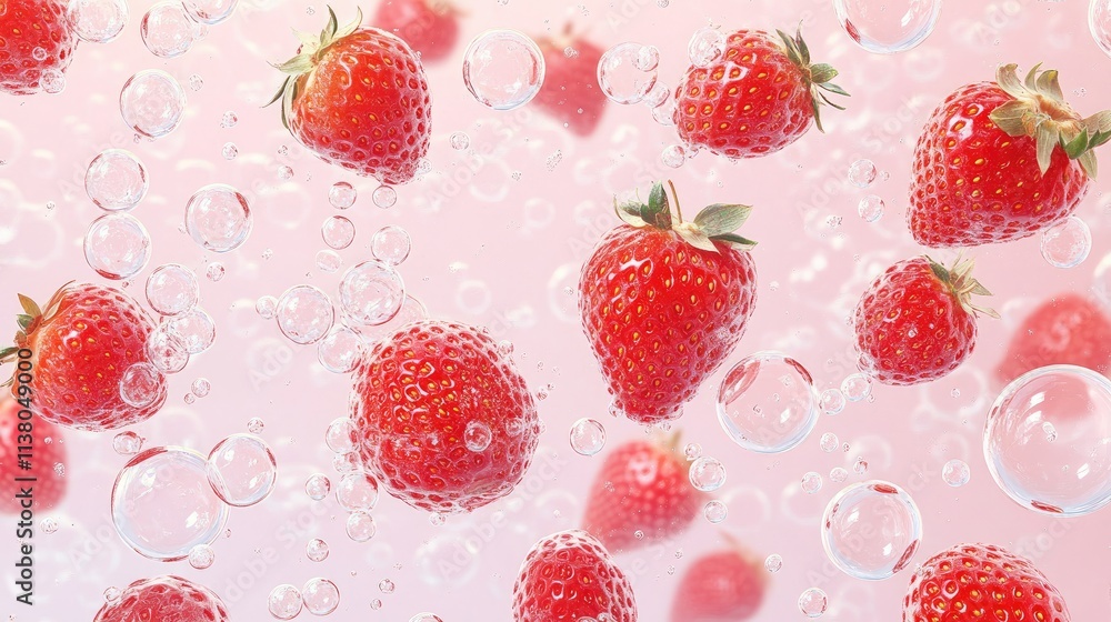 Poster bubbles and strawberries in water creating a refreshing dynamic background with vibrant colors and l