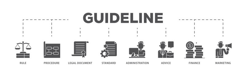 Guideline infographic icon flow process which consists of rule, procedure, legal document, standard, administration, advice, finance, marketing icon live stroke and easy to edit .