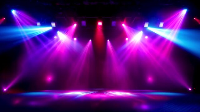 Vibrant disco stage with colorful blue and pink spotlights beaming onto a reflective dance floor, creating a dynamic and energetic concert or nightclub atmosphere