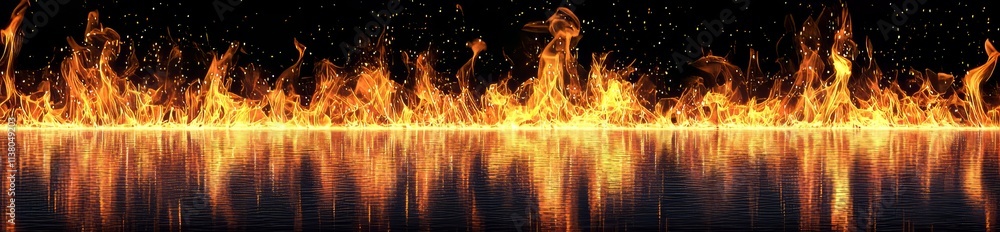 Poster blaze - the row of flames produced by intense fires on a flat surface - a vast array of burning elem
