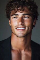 Obraz premium Handsome young man with curly hair and bright smile, dressed in black jacket, posed for a close-up portrait in a softly lit studio environment during a photoshoot