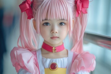 Fototapeta premium Young girl with pink hair and costume posing in bright indoor setting during daylight