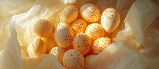 Fototapeta premium Decorative light yellow speckled eggs arranged in a triangle on translucent fabric illuminated by sunlight in a macro view setting