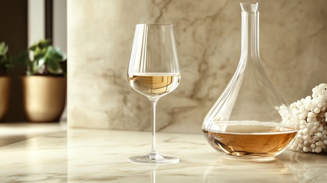 A glass of white wine and a carafe on a white countertop. - Powered by Adobe