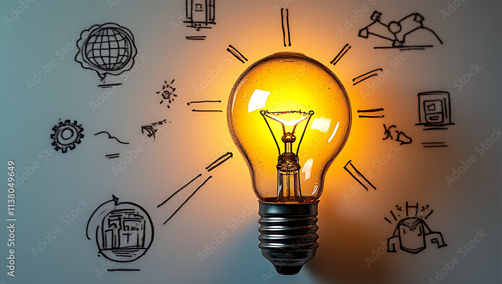 Poster freehand drawings are created using a light bulb as a makeshift drawing tool to illustrate business 