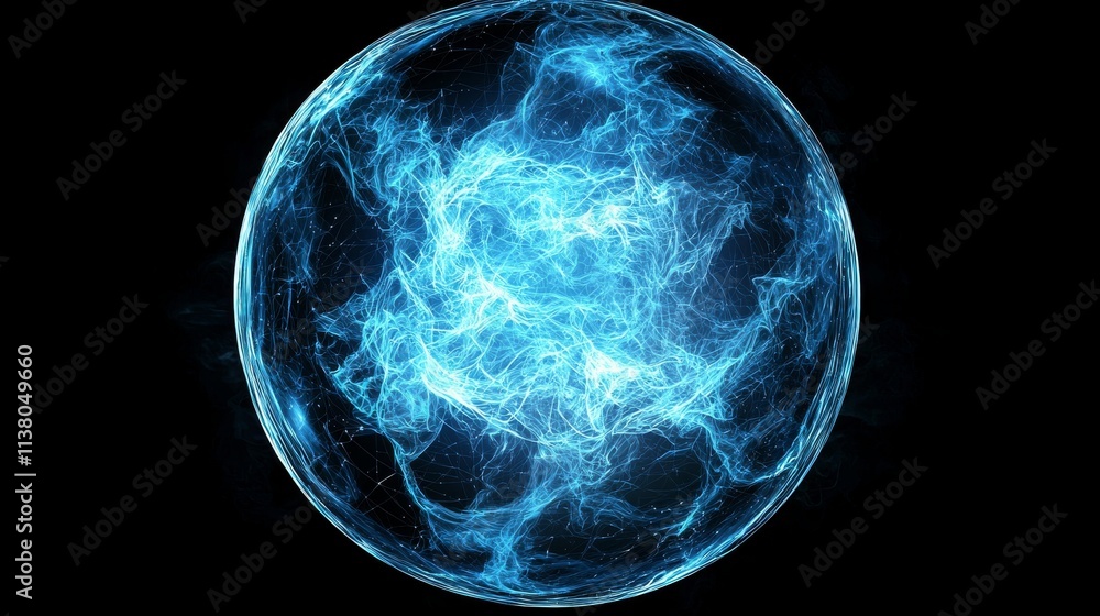 Poster a futuristic sphere composed of dots, forming an abstract particle background. this design represent