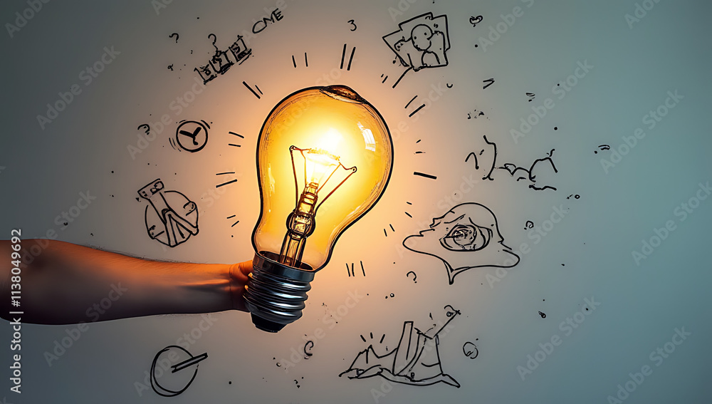 Poster freehand drawings are created using a light bulb as a makeshift drawing tool to illustrate business 