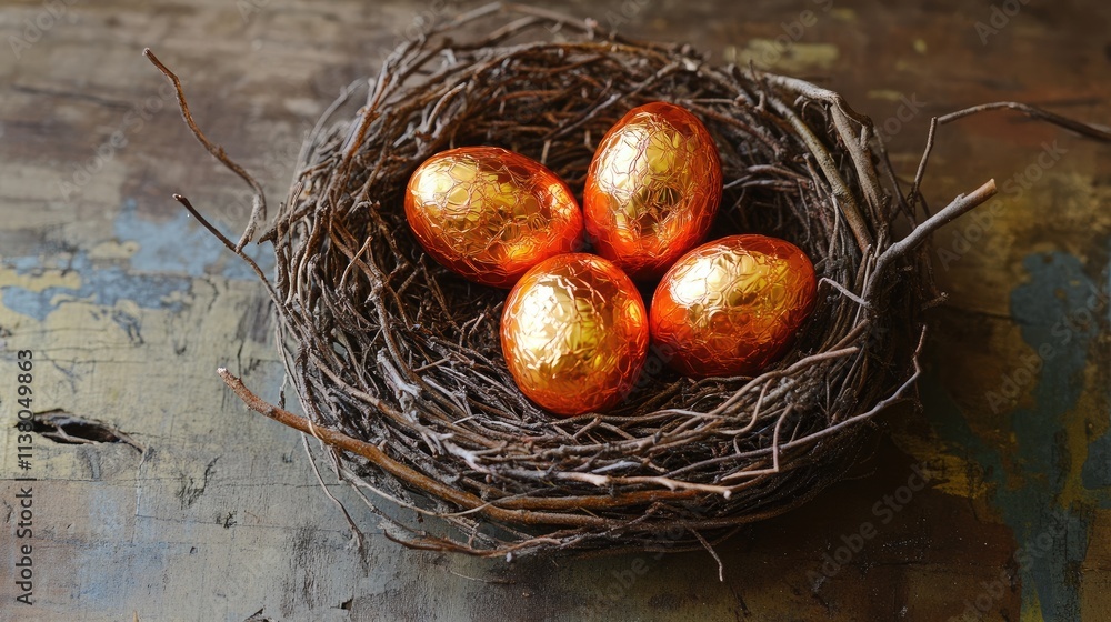 Poster bird nest with shiny orange foil eggs on a rustic wooden surface creating a warm and inviting spring