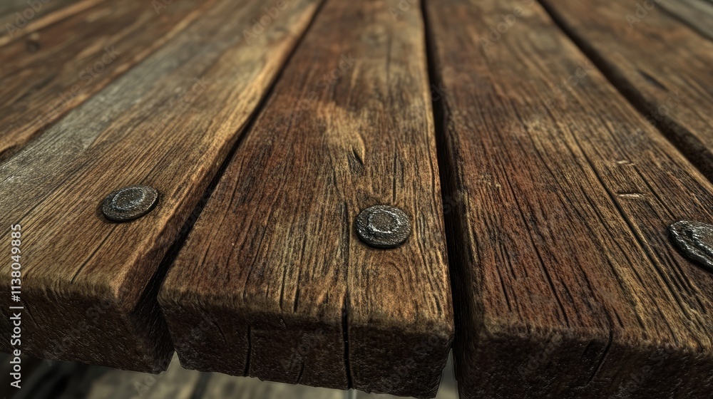 Poster detailed 3d texture close-up of a rustic wooden table showing weathered planks and metal fasteners i
