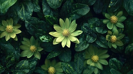 Lush green floral composition with vibrant yellow-centered flowers surrounded by rich foliage in a natural setting.