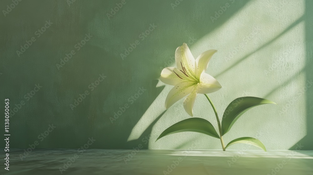 Poster elegant white lily in full bloom against a soft green background with subtle shadows highlighting it