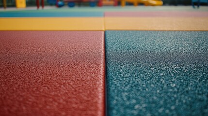 Three vibrant colors of rubber flooring for playgrounds featuring red, yellow, and green surfaces for safe play environments.