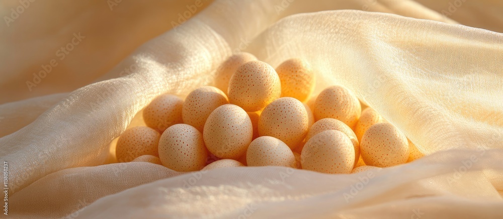 Poster Decorative light yellow eggs arranged in a triangle shape on soft translucent fabric illuminated by sunlight macro top view
