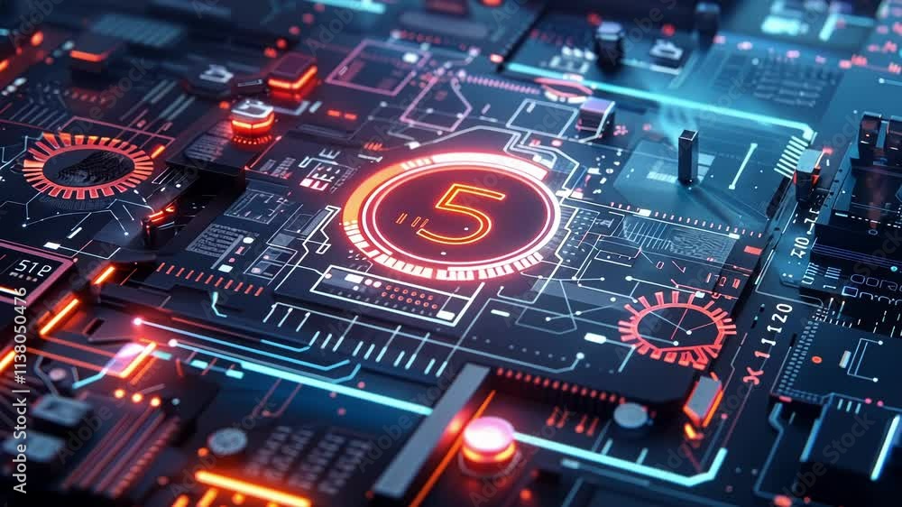 Poster complex electronic circuit board displaying 5g technology, symbolizing advanced data processing and 