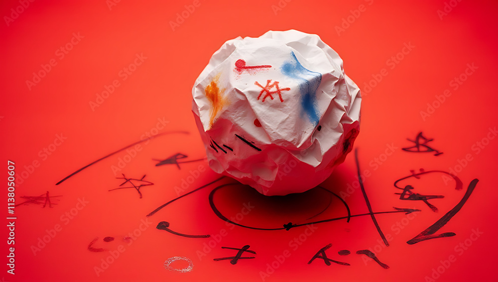 Aufkleber exploring creative ideas through scribbles and sketches with a crumpled paper ball on a bold red sur