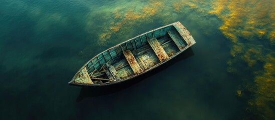 Aerial view of an abandoned wooden boat floating on tranquil waters surrounded by colorful aquatic vegetation