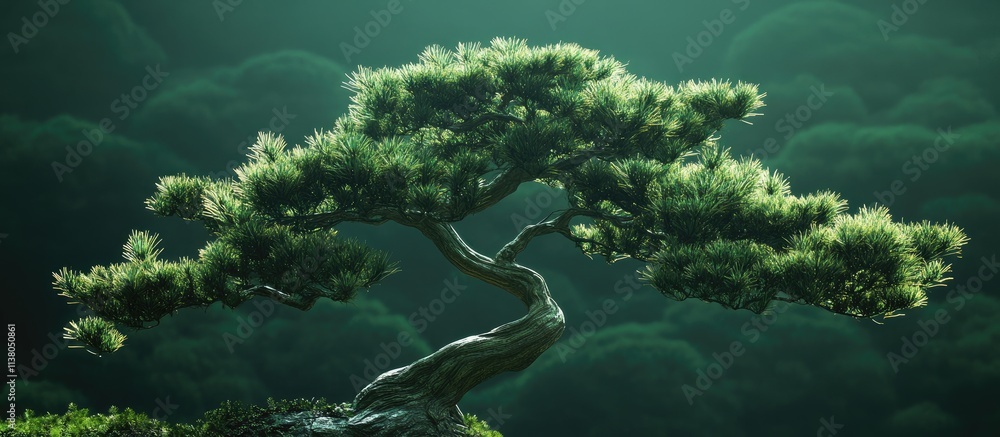 Poster elegant pine tree with lush green foliage set against a soft, misty background creating a serene and