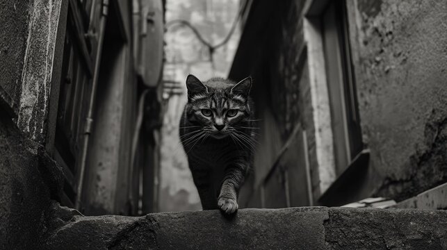 Sick cat walking along a narrow alleyway showcasing resilience and urban solitude in a monochrome setting