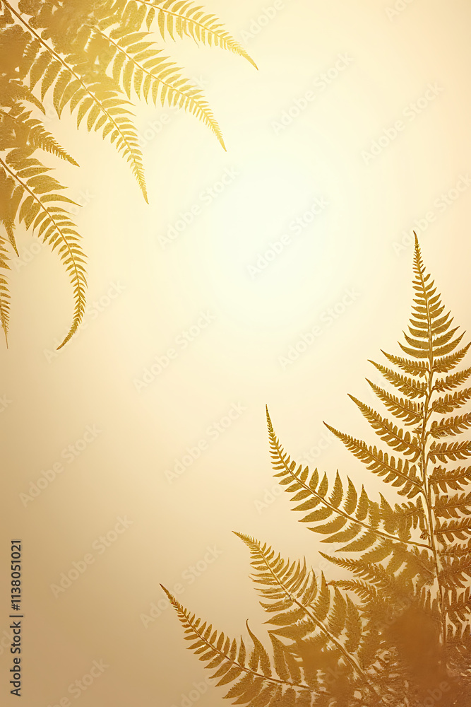 Poster exotic fern leaf abstracted against a gold background with white copy space providing clean simplici
