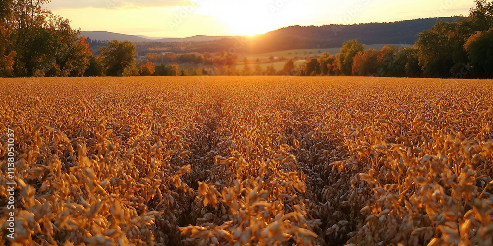 Poster a field of golden wheat with the sun setting in the background. the sun is setting behind the trees 
