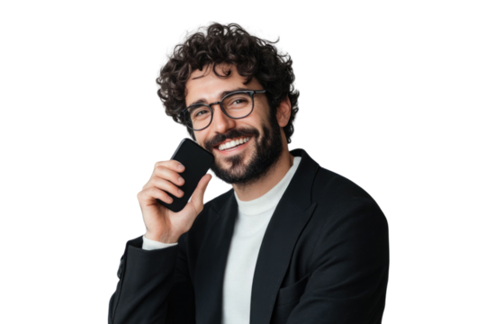 Portrait of pleased handsome man using mobile phone isolated over PNG