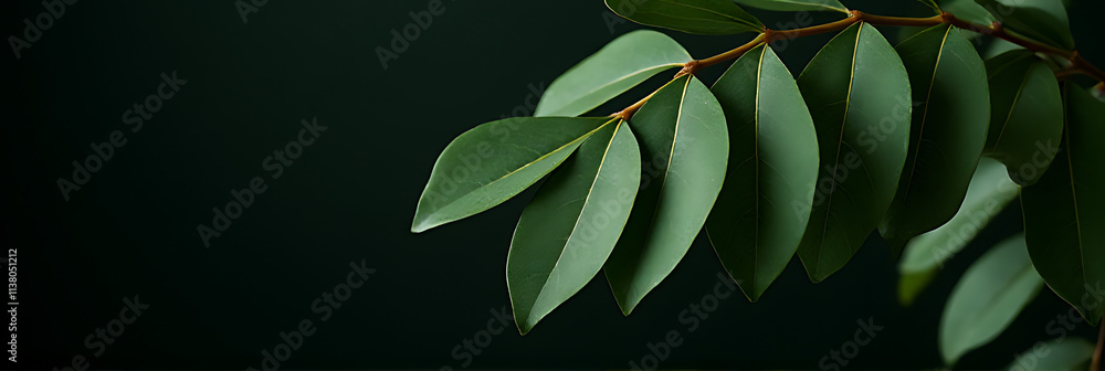 Poster Eucalyptus leaves are selectively focused against a dark backdrop for use in decorative arrangements and interior design purposes._00003_