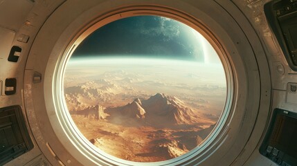 Fototapeta premium View from an airplane porthole overlooking a stunning extraterrestrial landscape with mountains and planets in the background.