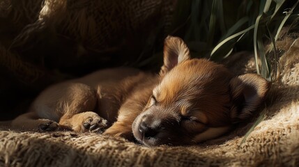 Fototapeta premium Sleeping puppy resting peacefully in sunlight on a cozy blanket surrounded by nature's greenery and warmth