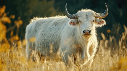 Albino buffalo grazing in golden pasture surrounded by tall grass under soft sunlight in a serene natural environment