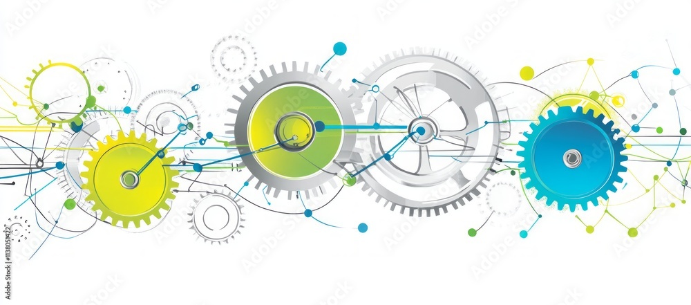 Poster connected gears with lines and dots on white background.