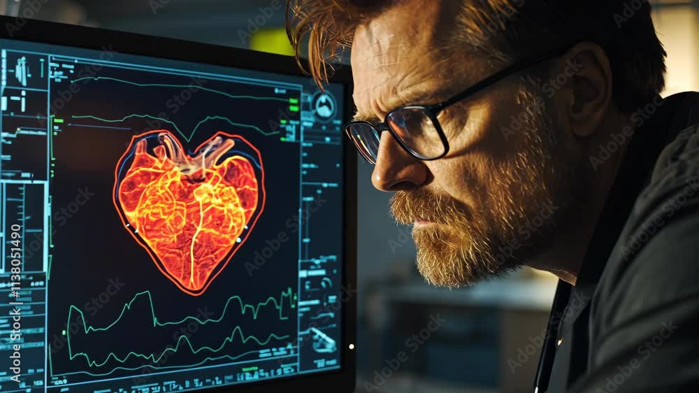 Poster scientist examines advanced heart technology in laboratory setting during late evening hours