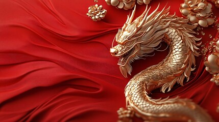 Obraz premium A majestic golden dragon entwined with crimson silk, set against a vibrant red backdrop, perfect for cultural celebrations, Lunar New Year, or auspicious events.