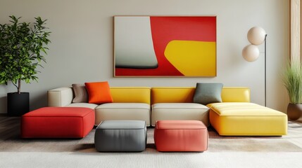 Modern Living Room Interior Design with Colorful Modular Sofa and Abstract Artwork