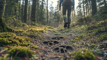 Fototapeta premium A hiker noticing a set of animal footprints along the trail in a forest