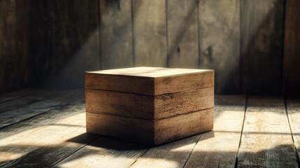 3D render of a wooden box on a rustic floor with warm sunlight creating a serene atmosphere and soft shadows