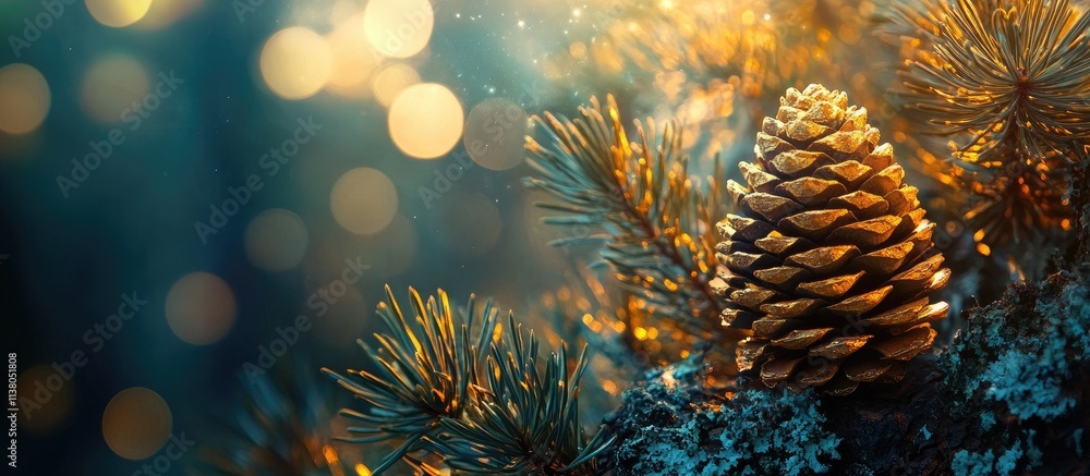 Poster golden pine cone on evergreen branches illuminated by enchanting bokeh lights creating a magical atm