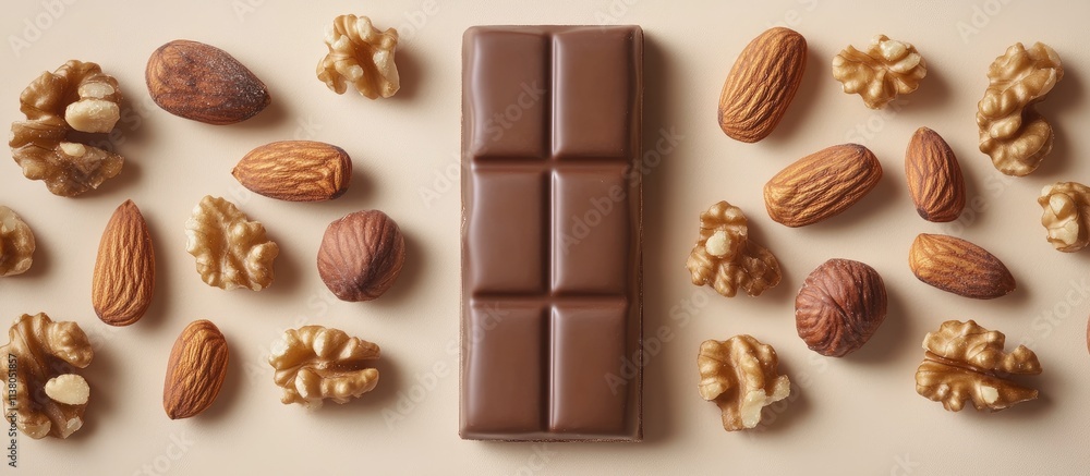 Aufkleber chocolate bar surrounded by almonds and walnuts on a light backdrop flat lay with space for text sho