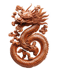 Fototapeta premium Intricately Carved Wooden Dragon Sculpture on Isolated Transparent Background