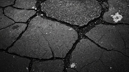 Obraz premium Cracked black asphalt texture background with rough surface detailing for urban or construction design projects