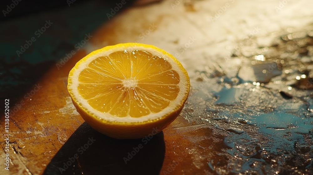 Poster sliced yellow lemon showcasing vibrant color and texture on a rustic table background with natural l