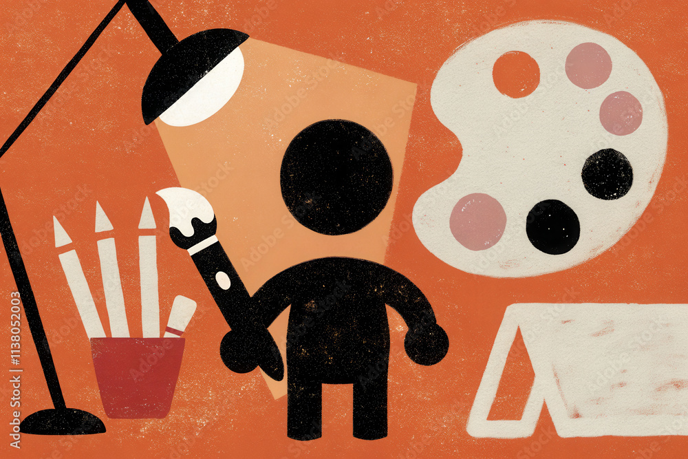 Poster a man is holding a paintbrush and standing in front of a canvas. the image is a representation of th