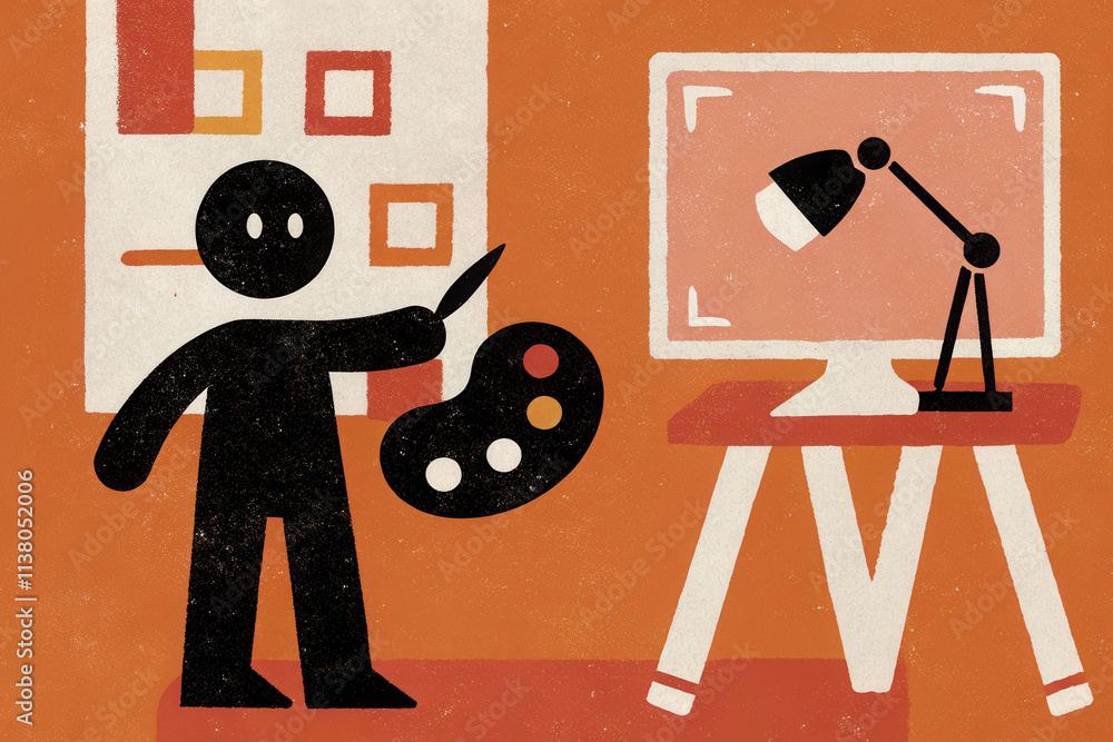 Poster a man is painting a picture in a room with a computer monitor and a lamp. the painting is on a canva