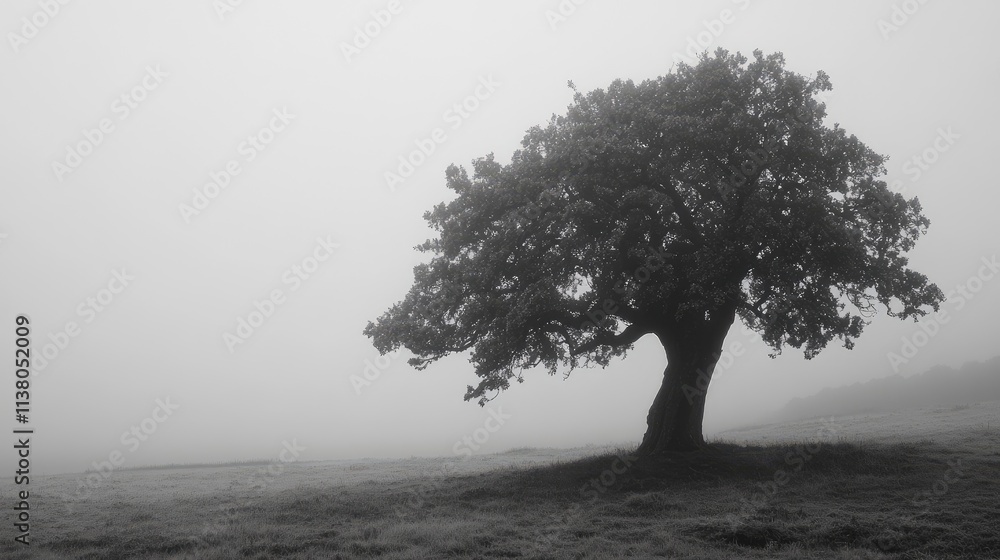 Poster solitary oak tree in a misty landscape creating a serene and atmospheric mood with soft monochrome t