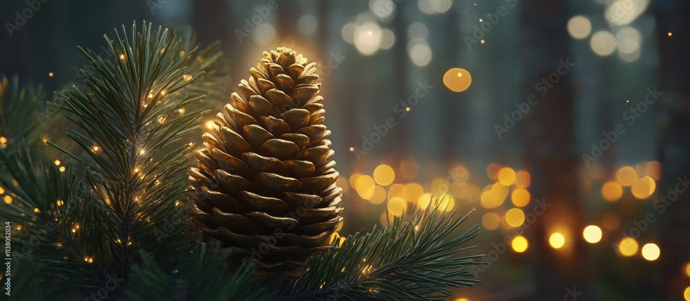 Aufkleber golden pine cone on a tree branch illuminated by soft bokeh lights creating a warm and enchanting fo
