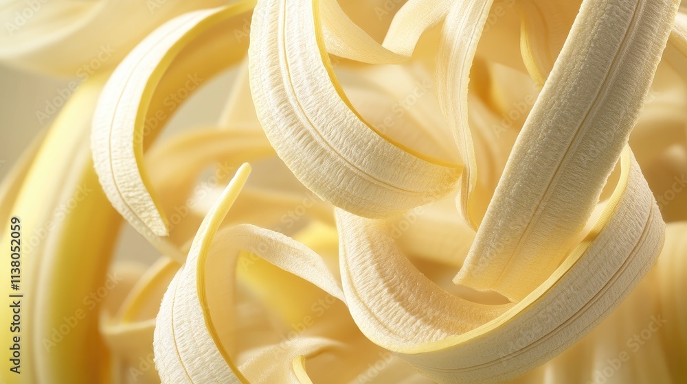 Poster 3d illustration of abstract peeled banana curls creating a dynamic and vibrant background texture fo
