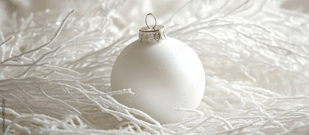 Poster elegant white christmas ornament resting on frosted tree branches creating a serene festive backdrop