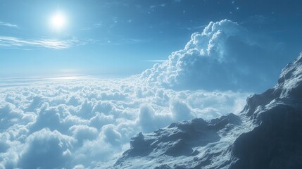 Fototapeta premium Serene clouds and mountains under a bright sun in a tranquil sky landscape during daytime beautiful scenery for relaxation and calmness